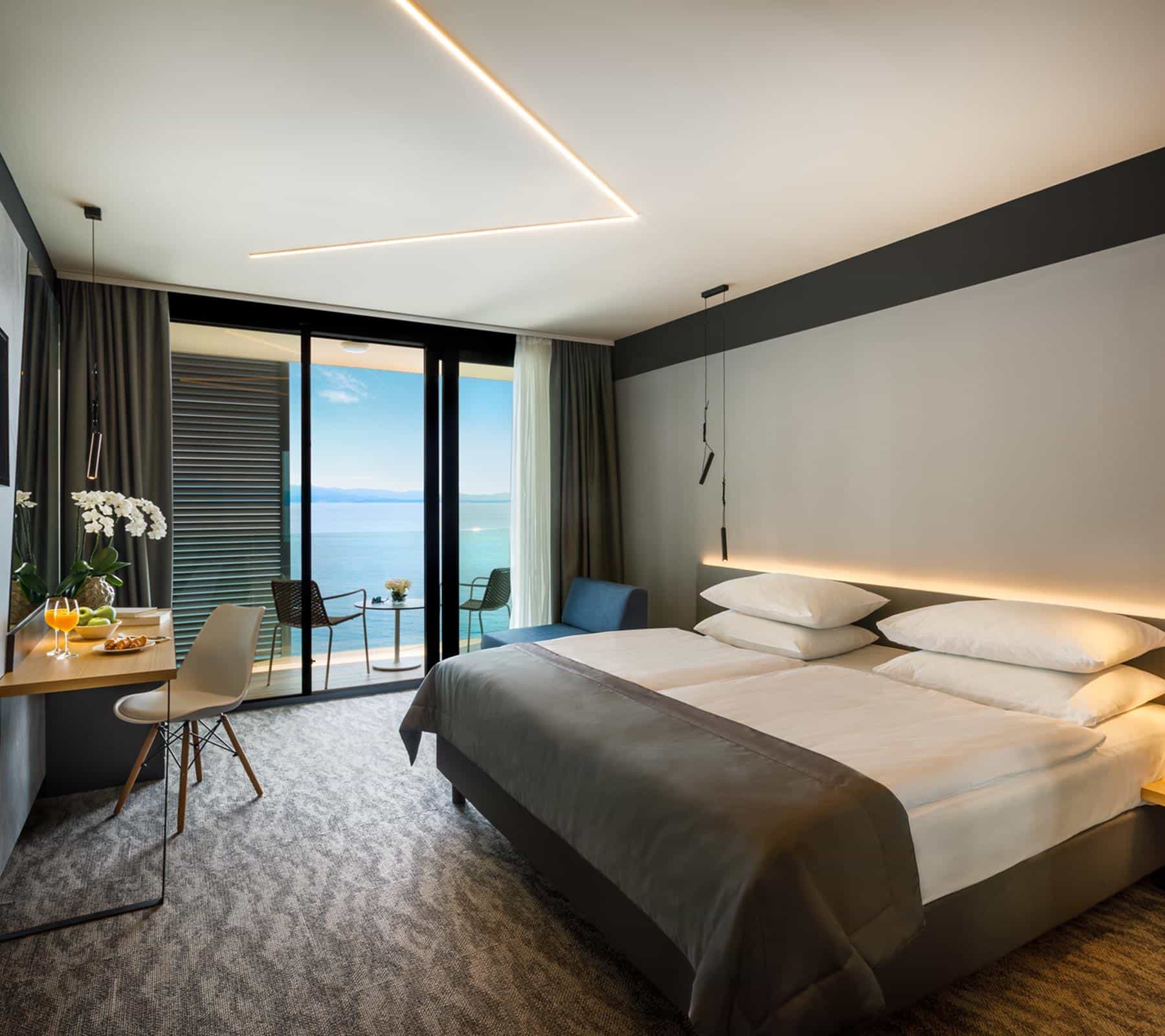 Hotel room with twin beds, desk, and balcony overlooking the sea, Hotel Istra