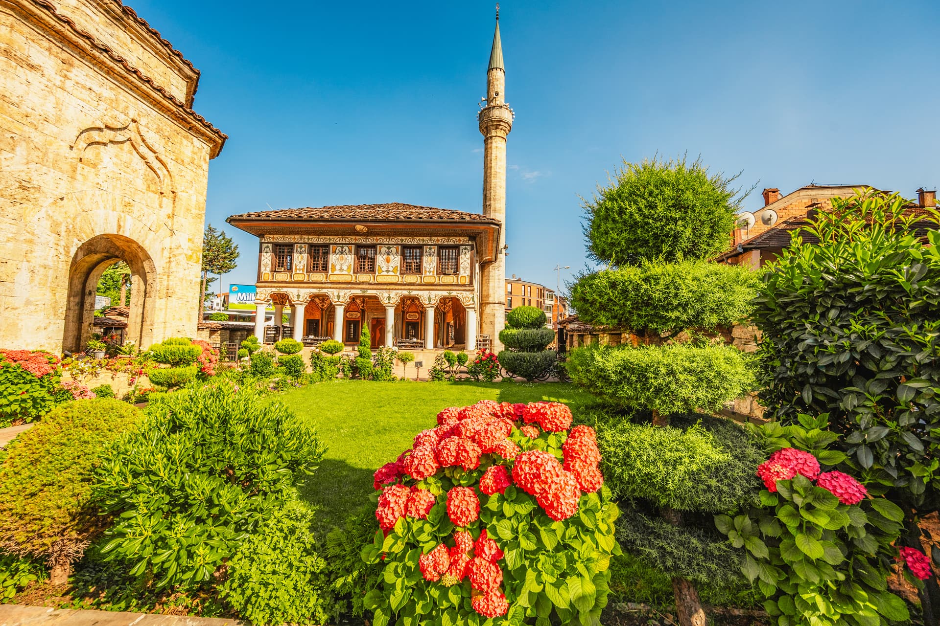 Mosque with minaret and ornate facade surrounded by lush green lawn and bright red hydrangeas in Tetovo.