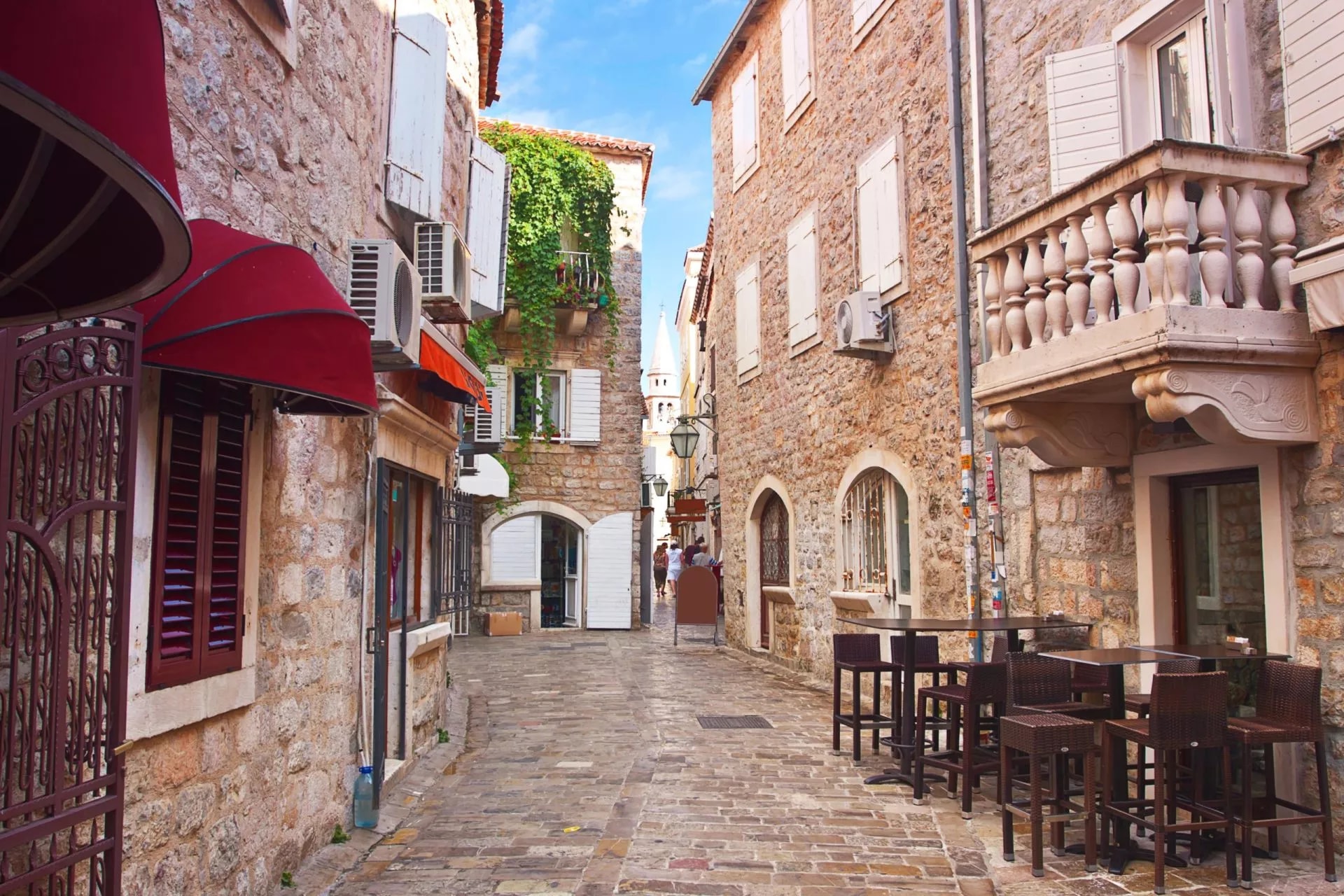 view narrow street in old district of Budva, Montenegro