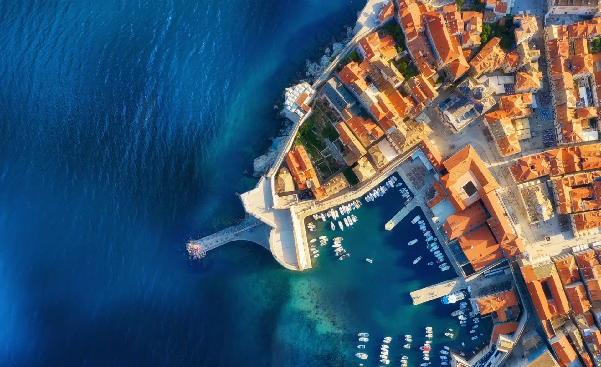 Dudrovnik, Croatia. Aerial view on the old town. Vacation and adventure. Town and sea. Top view from drone at on the old castle and azure sea. Travel - image