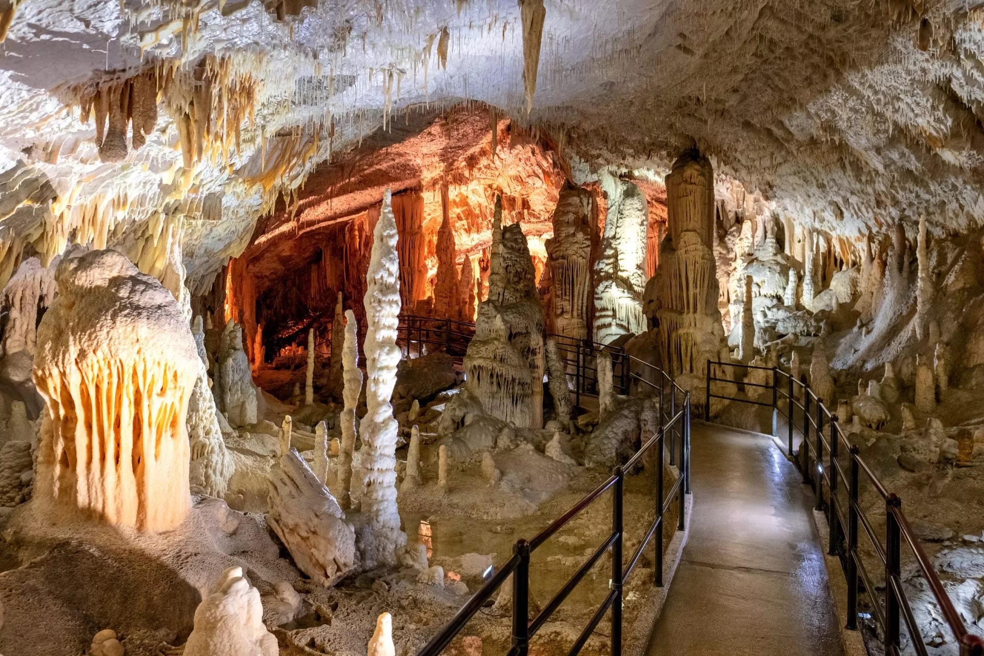 Postojna Caves in Slovenia showing illuminated stalactites, stalagmites, and a paved walkway.