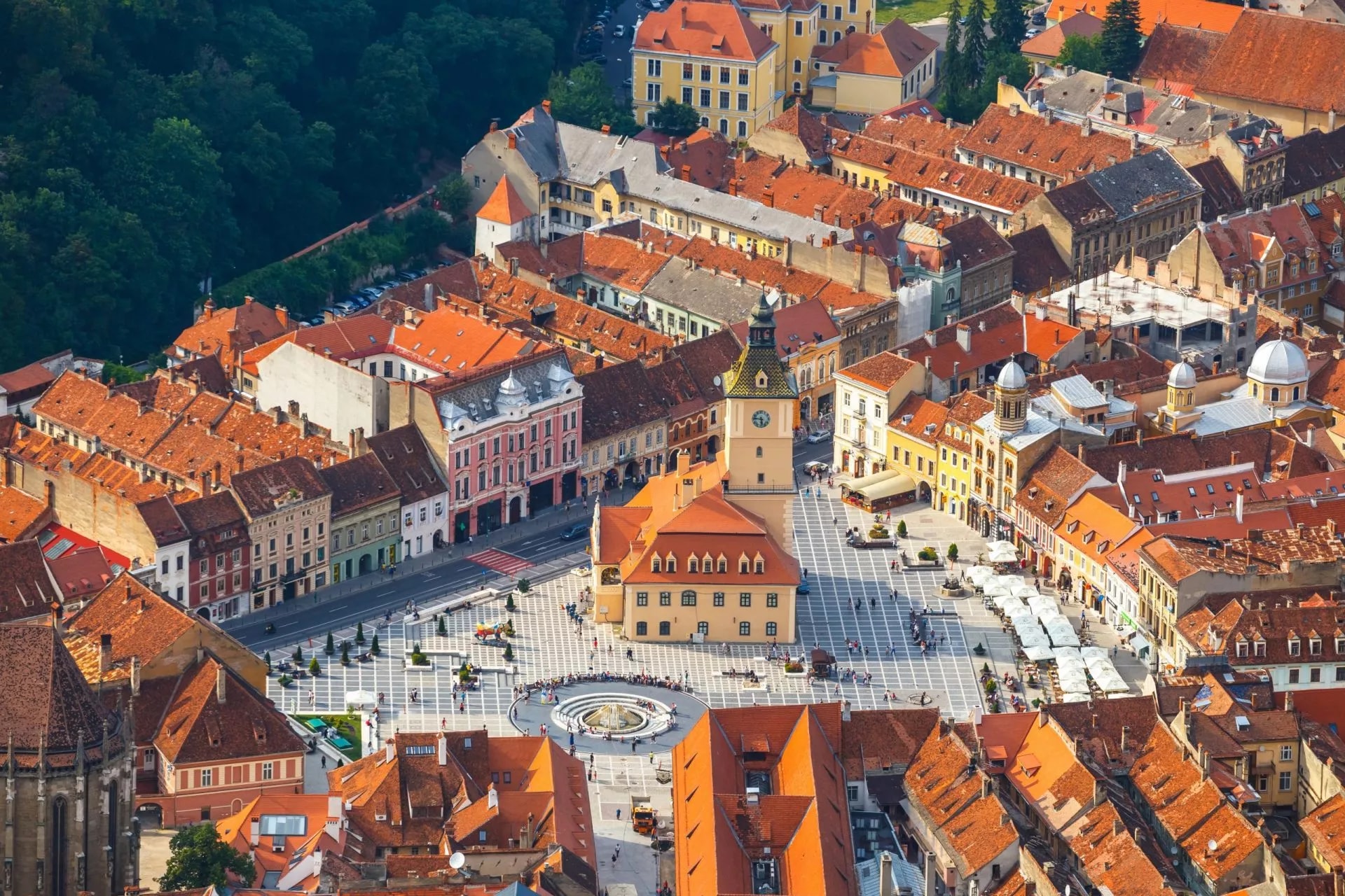 Aerial view of the old town Brasov Transylvania Romania with Council Square and clock tower.