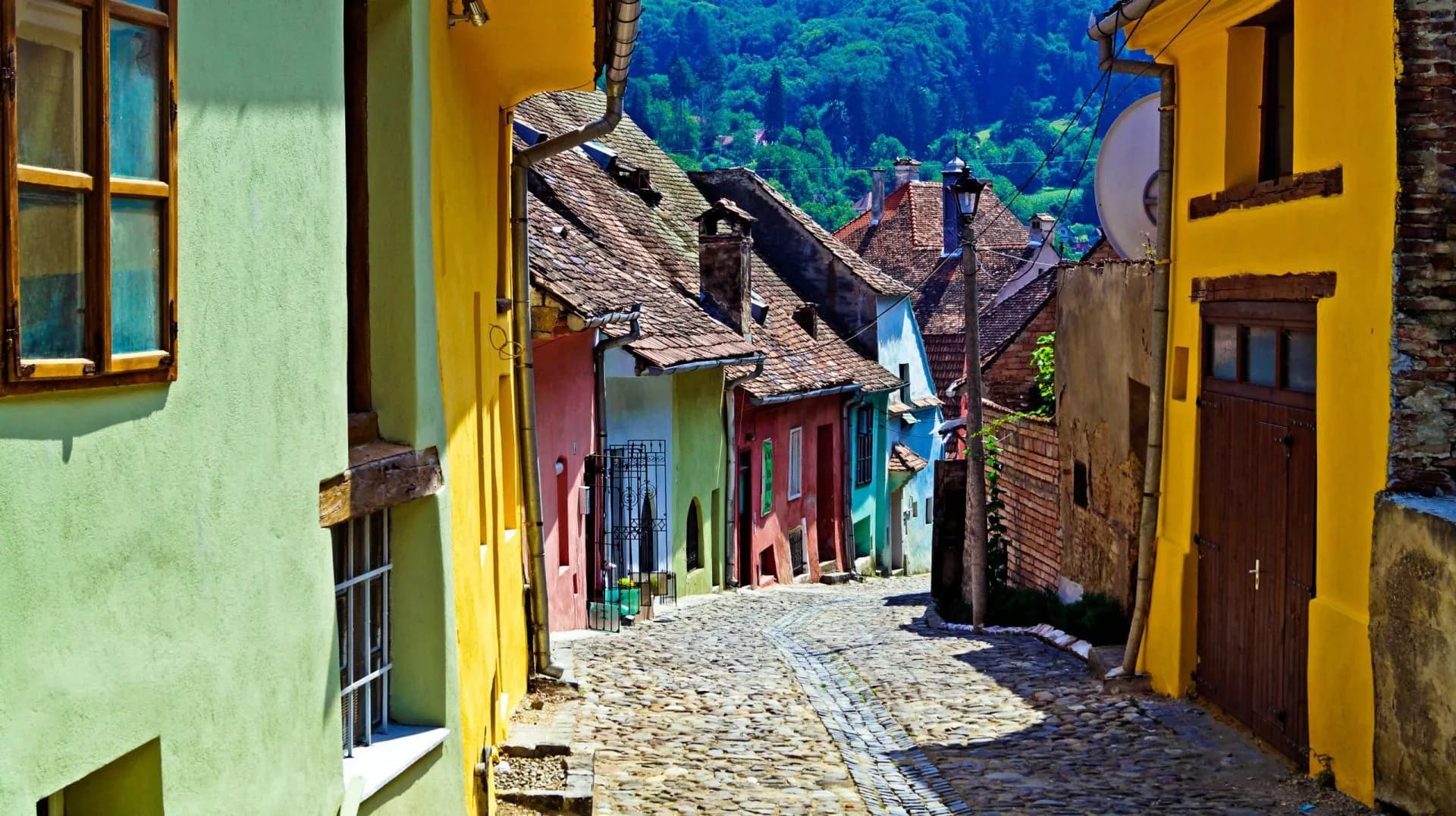 Cobblestone street winding past colorful historic houses toward forested hills in Sighisoara, Romania.