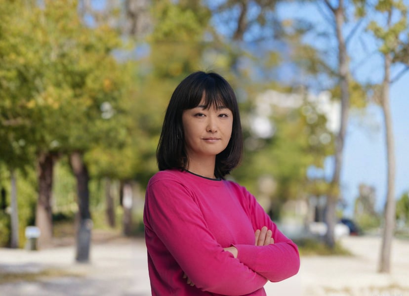 Woman in a pink sweater standing with arms crossed in a park with trees.